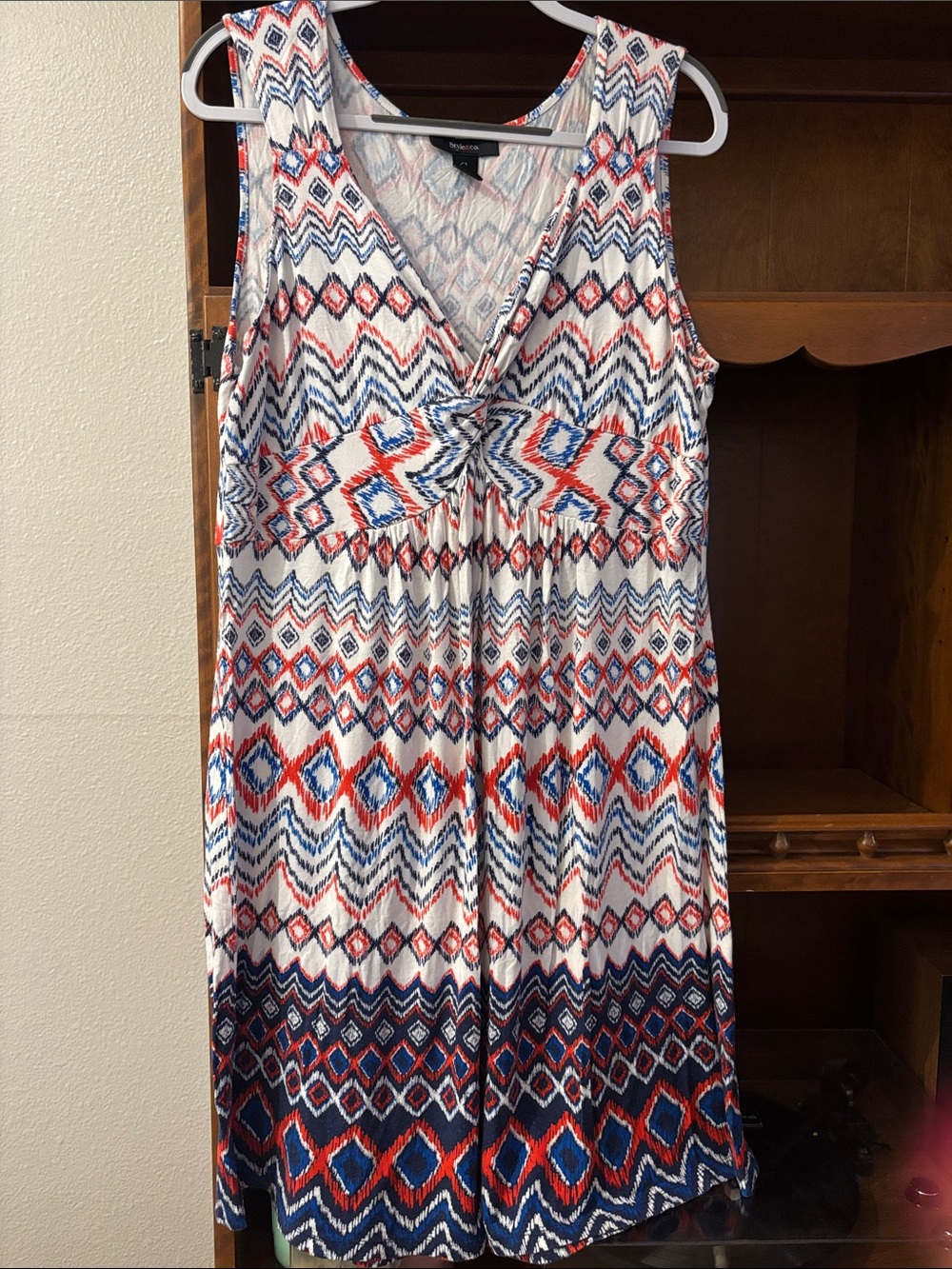 Style & Co. Sleeveless Midi Dress in White with Red & Blue Aztec Print